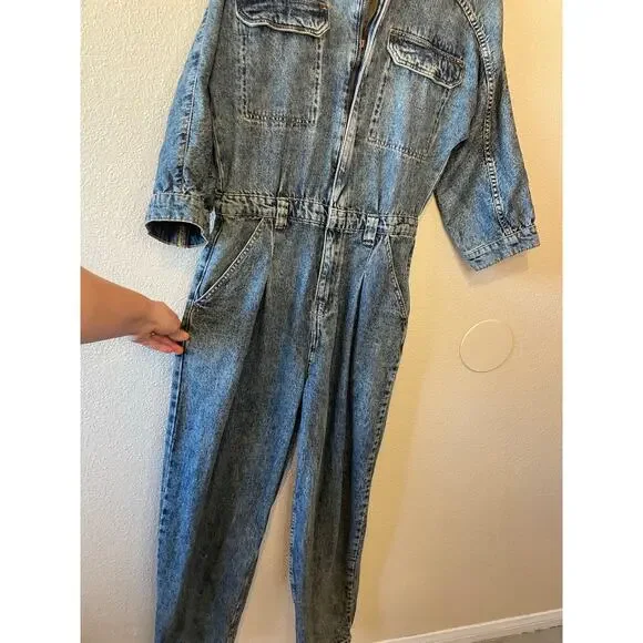 Free People We The Free Western Denim Zip Up Long Sleeve Straight Leg Jumpsuit M - Picture 7 of 15